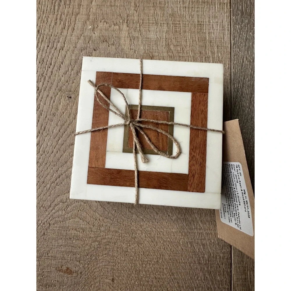 FabIndia FabHOME Ayaana Wood Resin Faux Bone Brass Inlay Coasters Set of 4 White